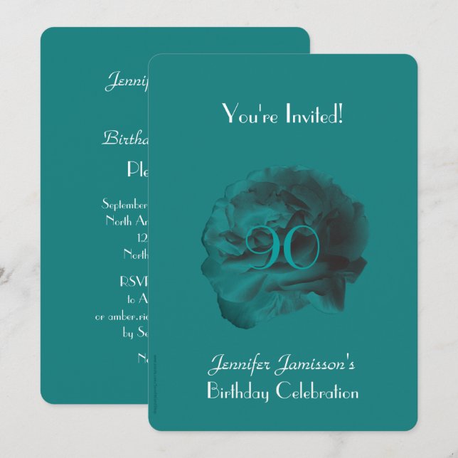 90th Birthday Party Invitation Teal Rose (Front/Back)
