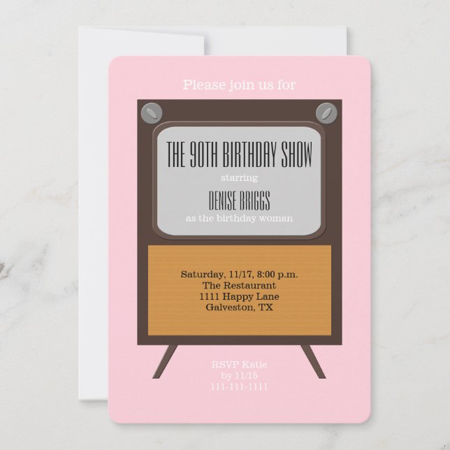 90th Birthday Party Invitation TV on Pink (Front)