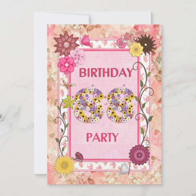 90th birthday party invitation with floral frame (Front)