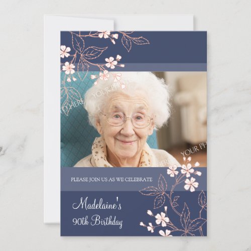 90th BIrthday Party Invitations Blue Coral Flowers