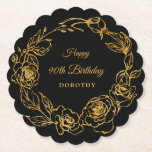 90th Birthday Party Luxe Gold Rose Floral Black Paper Coaster<br><div class="desc">Elegant rose gold floral 90th birthday paper coaster features pretty script calligraphy surrounded by a luxe gold rose wreath. The roses look beautiful with the dramatic black background. You can actually change the background color to any color. All of the text can be edited. This item is part of the...</div>