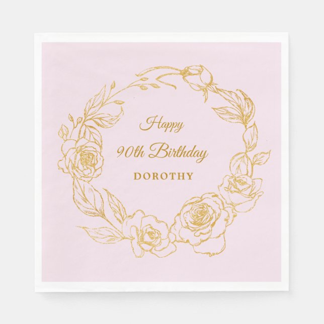 90th Birthday Party Luxe Gold Rose Pink Cocktail Napkins (Front)
