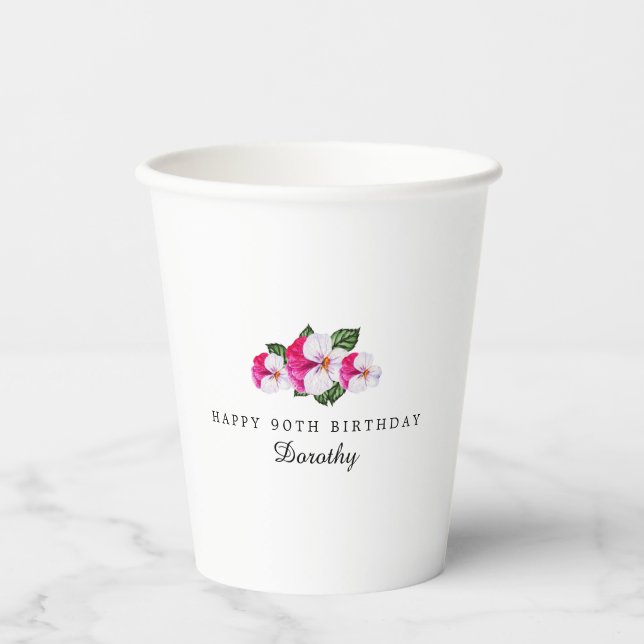 90th Birthday Party Magenta Pink White Custom Paper Cups (Front)