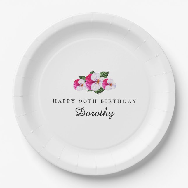 90th Birthday Party Magenta Pink White Custom Paper Plates (Front)