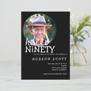 90th Birthday Party Mens Photo Hello Ninety Black Invitation
