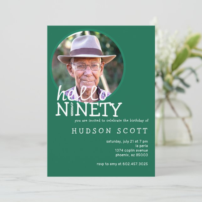 90th Birthday Party Mens Photo Hello Ninety Green Invitation (Standing Front)