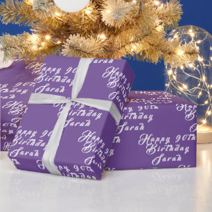 90th Birthday Party Name Purple Pattern Wrapping Paper