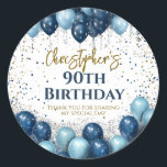 90th Birthday Party Navy Balloons Classic Round Sticker<br><div class="desc">A gorgeous 90th birthday party or celebration favor sticker. This fabulous gold and royal blue balloons design is the perfect  way to decorate your favor bags for a 90th celebration or ninetieth party.</div>