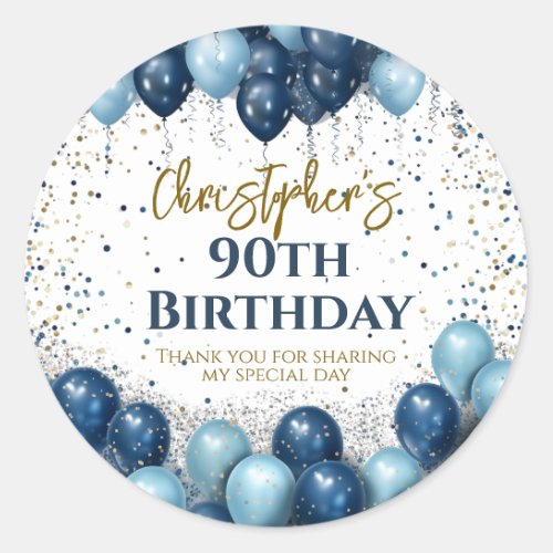 90th Birthday Party Navy Balloons Classic Round Sticker