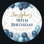 90th Birthday Party Navy Balloons Classic Round Sticker<br><div class="desc">A gorgeous 90th birthday party or celebration favor sticker. This fabulous gold and royal blue balloons design is the perfect  way to decorate your favor bags for a 90th celebration or ninetieth party.</div>