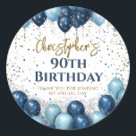 90th Birthday Party Navy Balloons Classic Round Sticker<br><div class="desc">A gorgeous 90th birthday party or celebration favor sticker. This fabulous gold and royal blue balloons design is the perfect  way to decorate your favor bags for a 90th celebration or ninetieth party.</div>