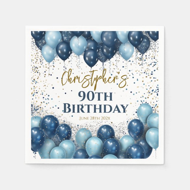 90th Birthday Party Navy Balloons Napkins (Front)