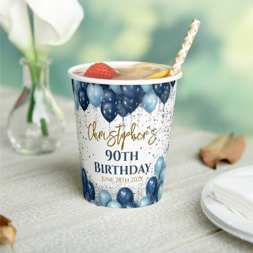 90th Birthday Party Navy Balloons Paper Cups