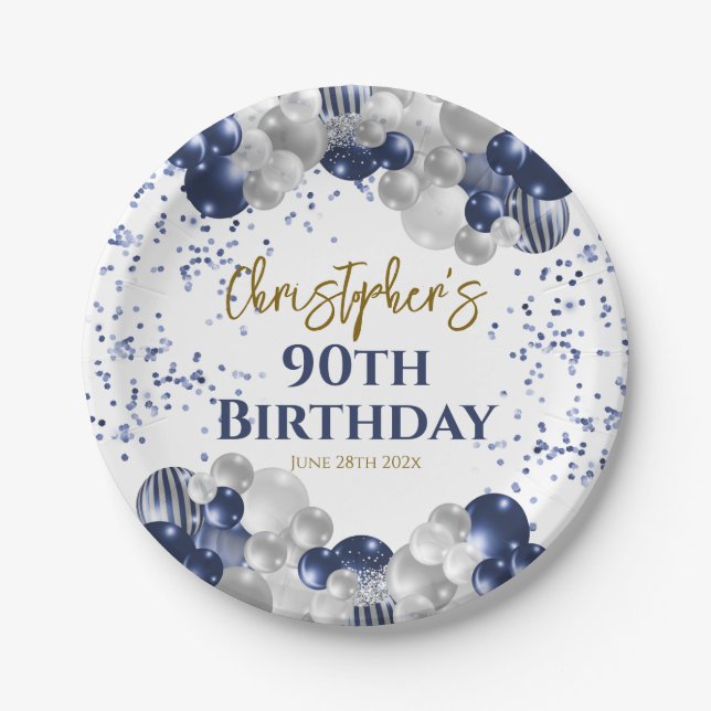 90th Birthday Party Navy Balloons Paper Plates (Front)