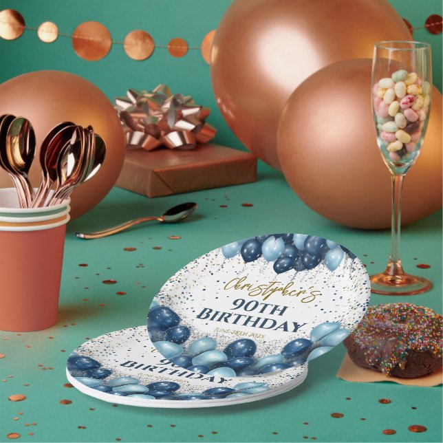 90th Birthday Party Navy Balloons Paper Plates (Multi)