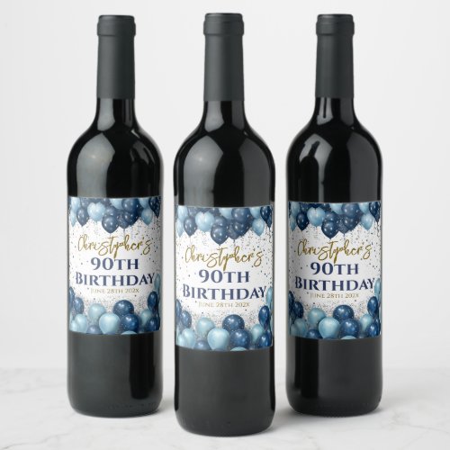 90th Birthday Party Navy Balloons Wine Label