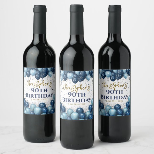 90th Birthday Party Navy Balloons Wine Label (Bottles)