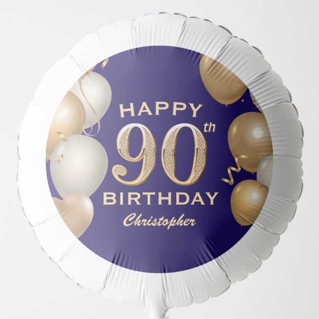 90th Birthday Party Navy Blue and Gold Balloons (Front)