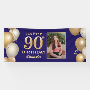 90th Birthday Party Navy Blue and Gold Balloons Banner