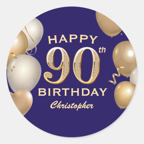 90th Birthday Party Navy Blue and Gold Balloons Classic Round Sticker