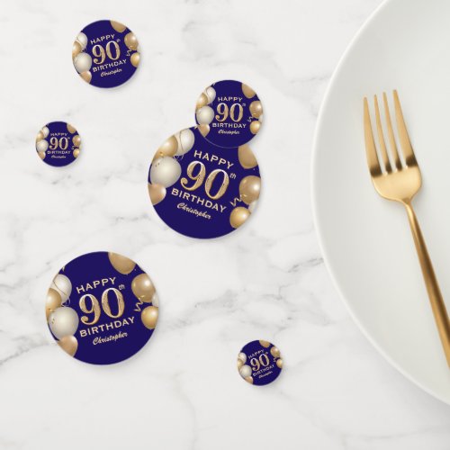 90th Birthday Party Navy Blue and Gold Balloons Confetti