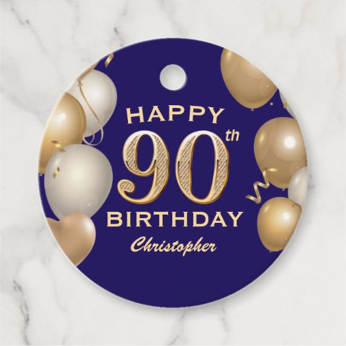 90th Birthday Party Navy Blue and Gold Balloons Favor Tags