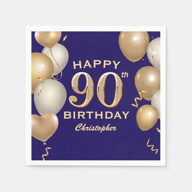 90th Birthday Party Navy Blue and Gold Balloons Napkins (Front)