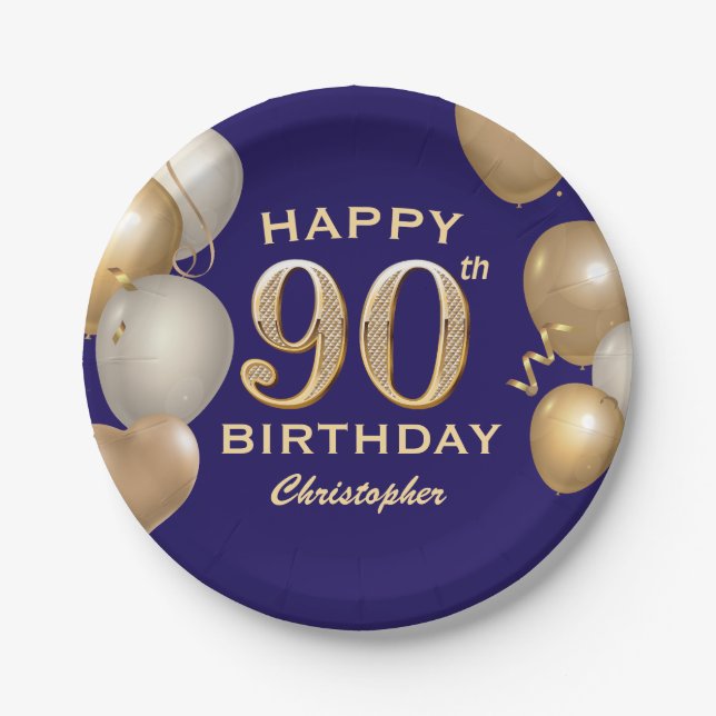 90th Birthday Party Navy Blue and Gold Balloons Paper Plates (Front)