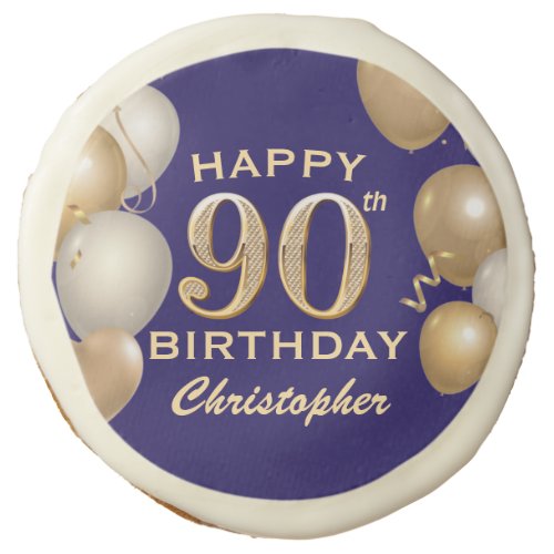 90th Birthday Party Navy Blue and Gold Balloons Sugar Cookie