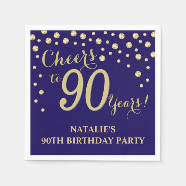 90th Birthday Party Navy Blue and Gold Diamond Napkins (Front)