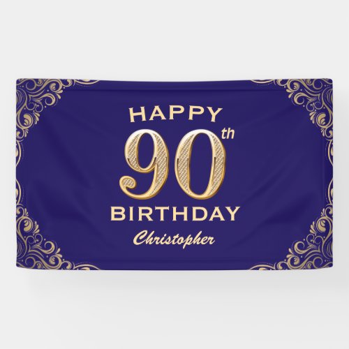 90th Birthday Party Navy Blue and Gold Glitter Banner