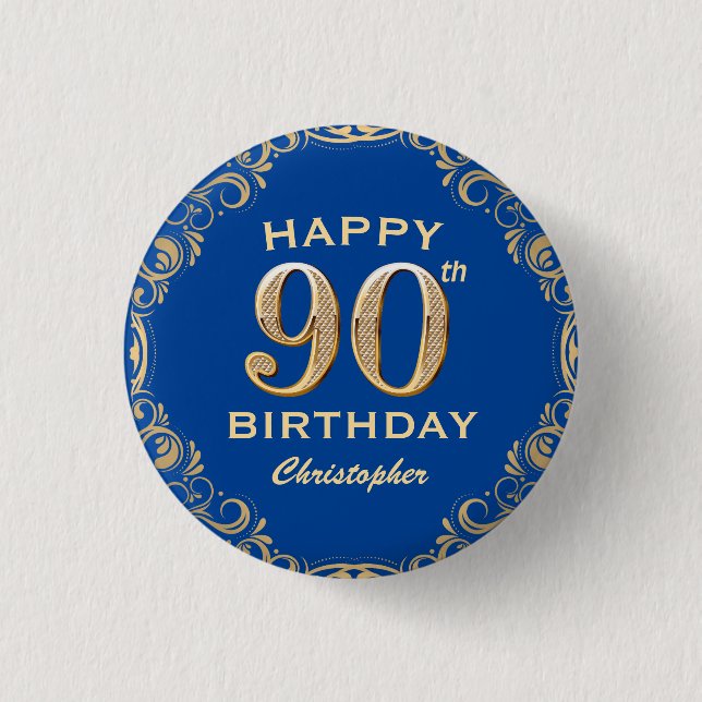 90th Birthday Party Navy Blue and Gold Glitter Button (Front)