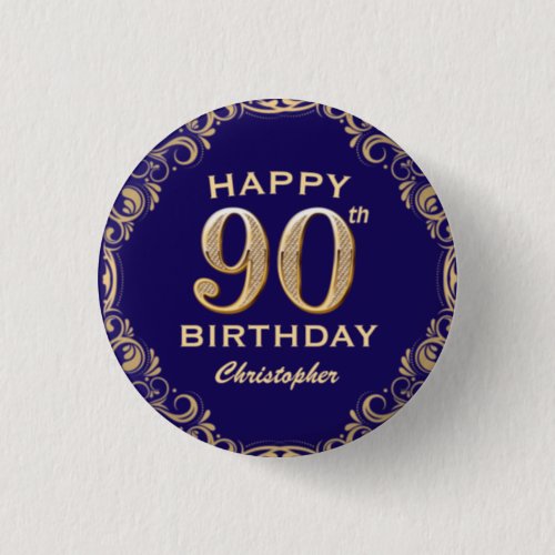 90th Birthday Party Navy Blue and Gold Glitter Button