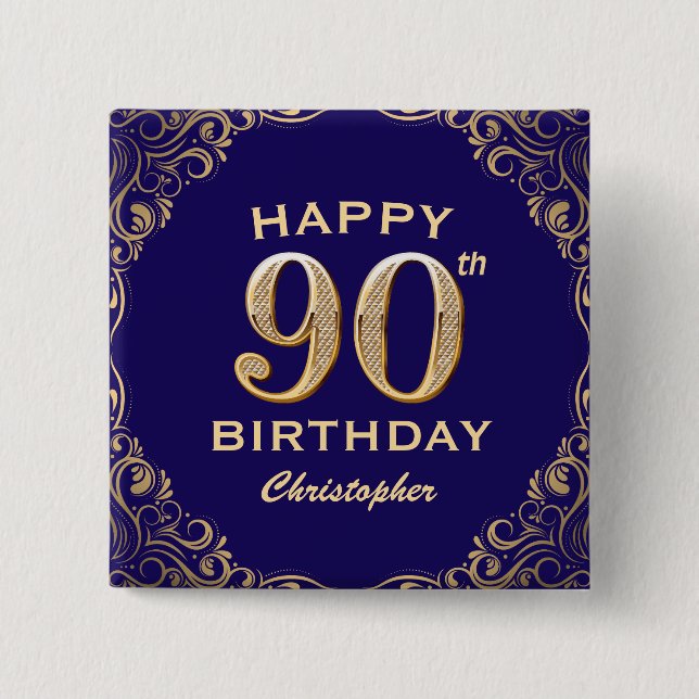 90th Birthday Party Navy Blue and Gold Glitter Button (Front)