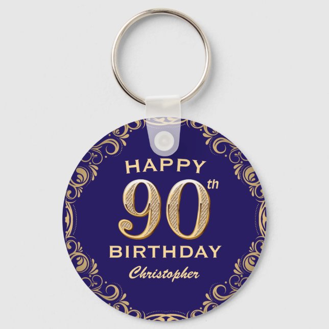 90th Birthday Party Navy Blue and Gold Glitter Keychain (Front)
