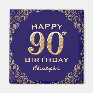 90th Birthday Party Navy Blue and Gold Glitter Magnet