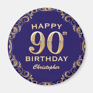 90th Birthday Party Navy Blue and Gold Glitter Magnet