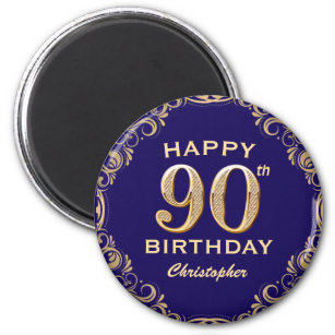 90th Birthday Party Navy Blue and Gold Glitter Magnet