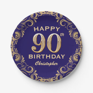 90th Birthday Party Navy Blue and Gold Glitter Paper Plates