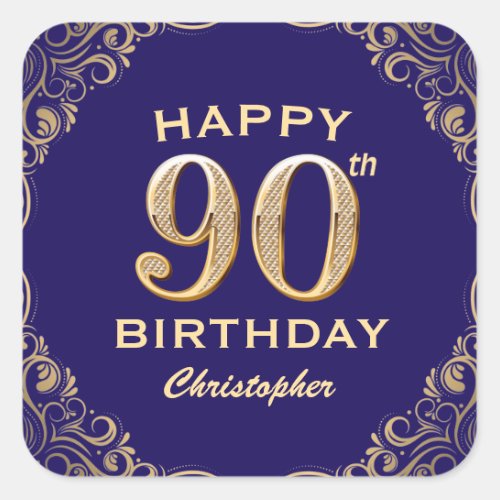 90th Birthday Party Navy Blue and Gold Glitter Square Sticker