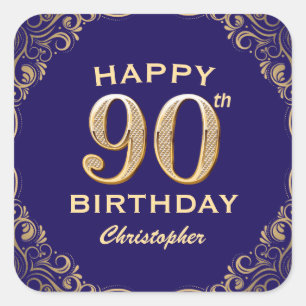 90th Birthday Party Navy Blue and Gold Glitter Square Sticker