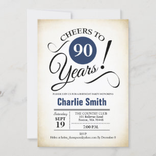 90th Birthday Party - Navy Blue Black White Invitation