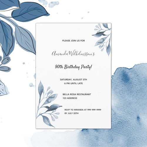90th birthday party navy blue florals botanical invitation