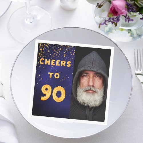 90th birthday party navy blue gold photo man guy napkins