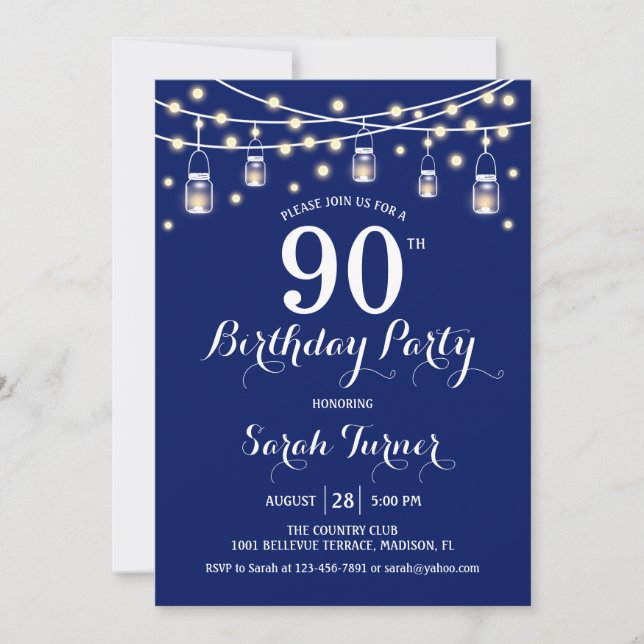 90th Birthday Party - Navy Blue Invitation (Front)