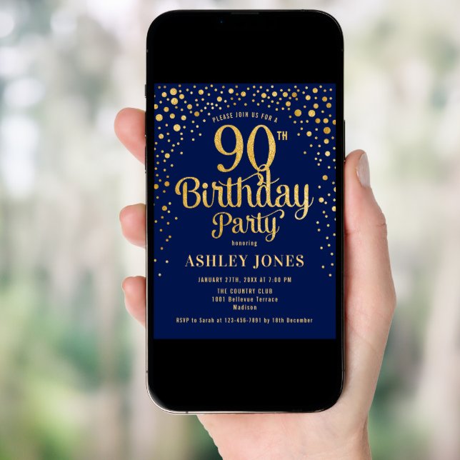 90th Birthday Party - Navy & Gold Invitation (Front Digital)