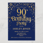 90th Birthday Party - Navy & Gold Invitation<br><div class="desc">90th Birthday Party Invitation.
Elegant design in navy blue and faux glitter gold. Features stylish script font and confetti. Message me if you need custom age.</div>