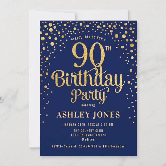 90th Birthday Party - Navy & Gold Invitation (Front)