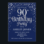 90th Birthday Party - Navy & Silver Invitation<br><div class="desc">90th Birthday Party Invitation.
Elegant design in dark navy blue and faux glitter silver. Features stylish script font and confetti. Message me if you need custom age.</div>