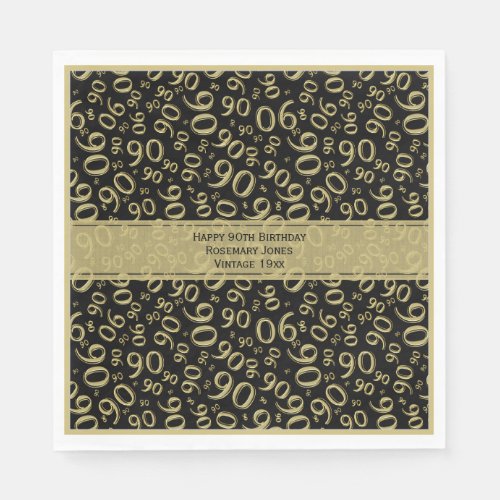 90th Birthday Party Number Pattern Gold and Black Napkins